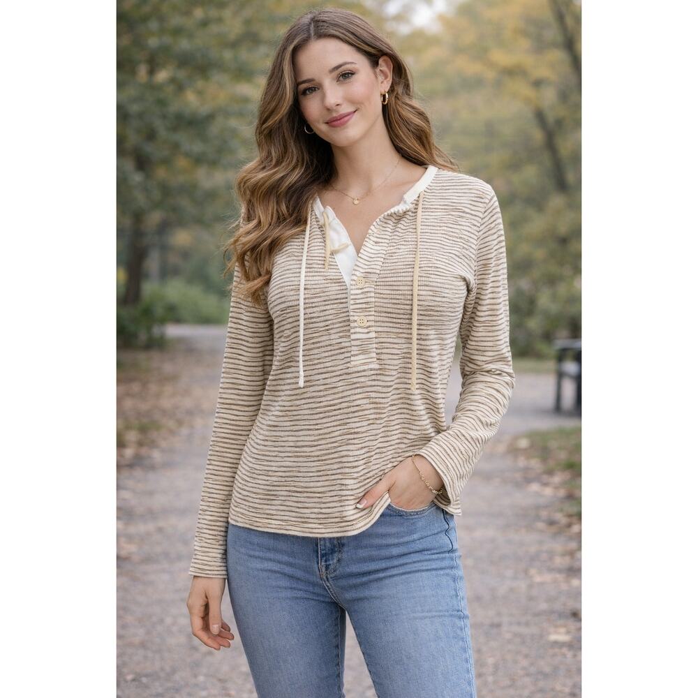 Free People Desert Rider FP Heirloom Striped Henley Top Brown Linen Blend LS XS